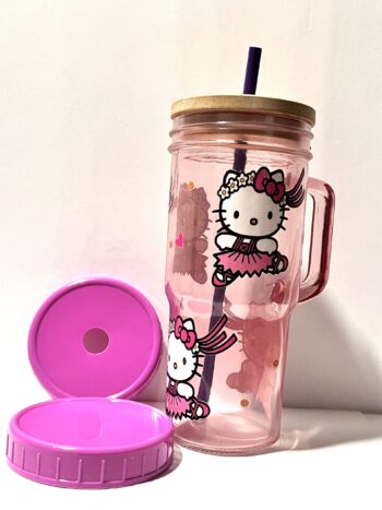 Hello Kitty 24oz Glass Tumbler with Bamboo and Plastic Lid and Straw - Image 7