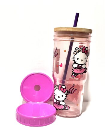 Hello Kitty 24oz Glass Tumbler with Bamboo and Plastic Lid and Straw - Image 6