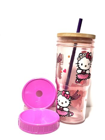 Hello Kitty 24oz Glass Tumbler with Bamboo and Plastic Lid and Straw - Image 5