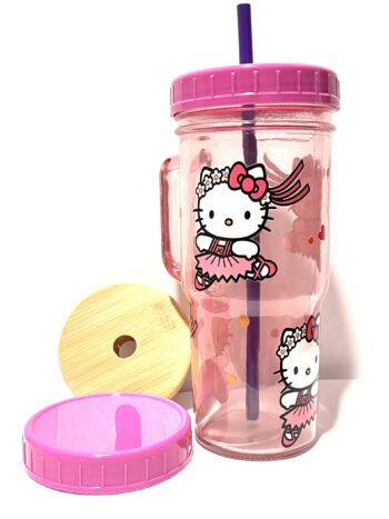 Hello Kitty 24oz Glass Tumbler with Bamboo and Plastic Lid and Straw - Image 4