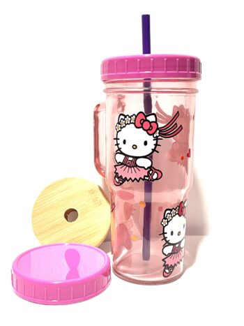 Hello Kitty 24oz Glass Tumbler with Bamboo and Plastic Lid and Straw