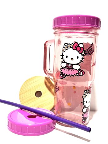 Hello Kitty 24oz Glass Tumbler with Bamboo and Plastic Lid and Straw - Image 2