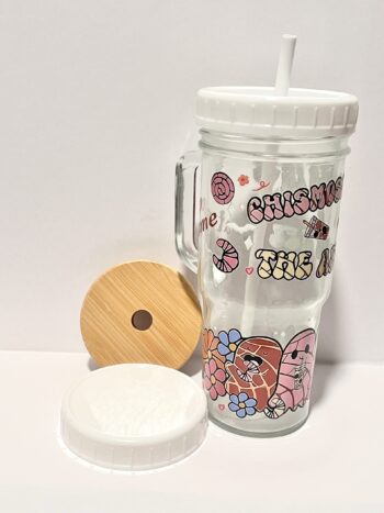 Chismosa Even In The After Life 24oz Glass Tumbler with Bamboo and Plastic Lid and Straw