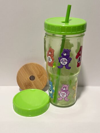 Emotion Care Bears 24oz Glass Tumbler with Bamboo and Plastic Lid and Straw - Image 2