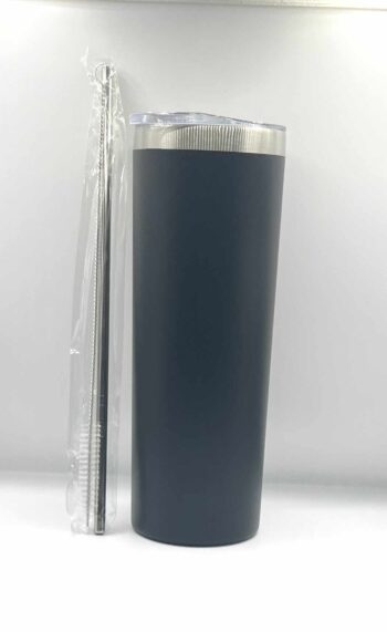 Black 20 oz Stainless Steel Skinny Tumbler With Straw - Image 2