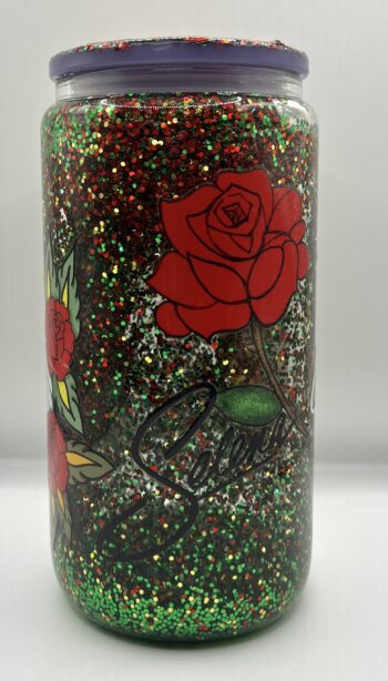 Selena Red Rose  16 oz Glitter Glass Cup with Lid and Straw - Image 3