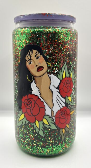 Selena Red Rose  16 oz Glitter Glass Cup with Lid and Straw - Image 2