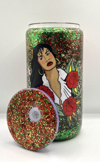 Selena Red Rose  16 oz Glitter Glass Cup with Lid and Straw - Image 4