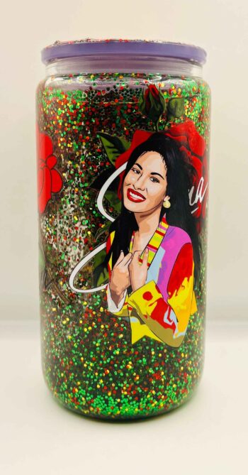 Selena Red Rose  16 oz Glitter Glass Cup with Lid and Straw